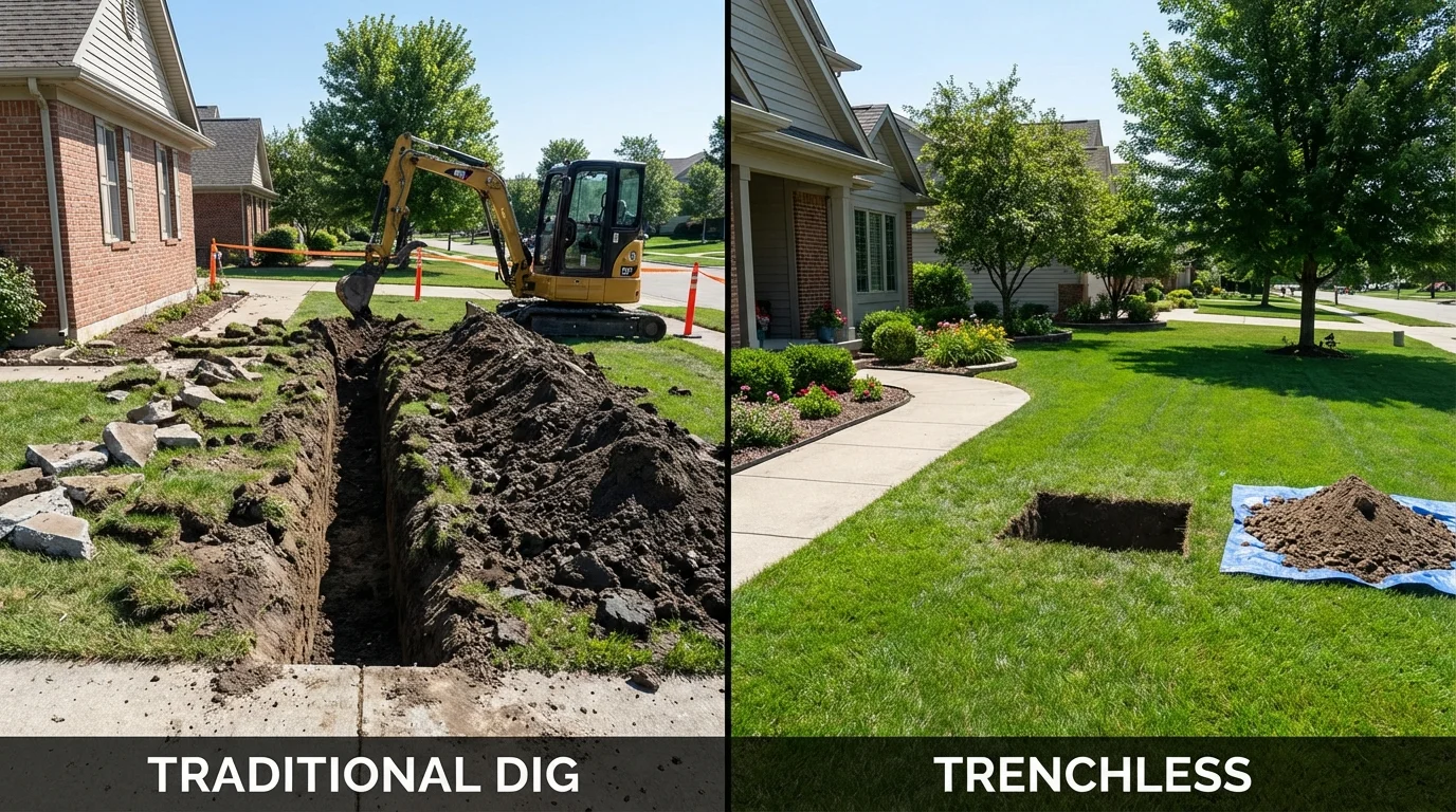 Trenchless sewer repair with minimal yard damage versus traditional excavation in Canton, IL
