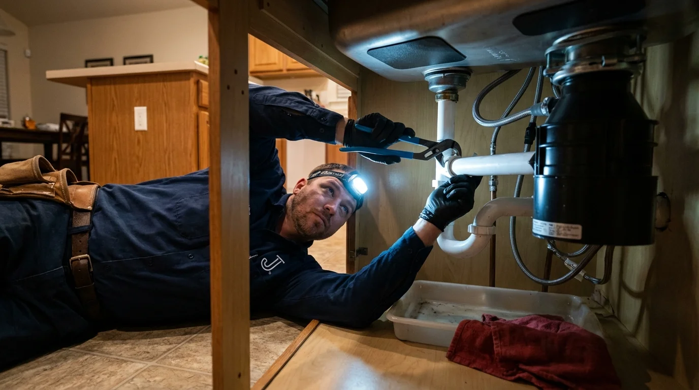 P-trap and supply line connections under a kitchen sink showing a common leak point in Canton, IL